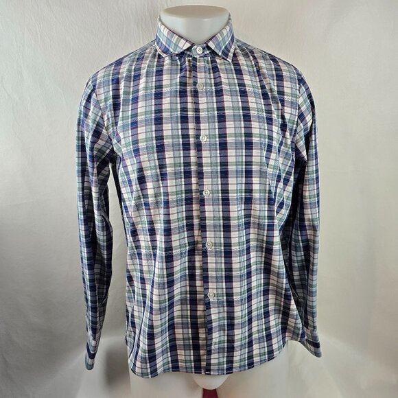 Mizzen Main Shirt Mens Medium Blue Button Up Trim Fit Plaid Performance Leeward - Picture 1 of 7